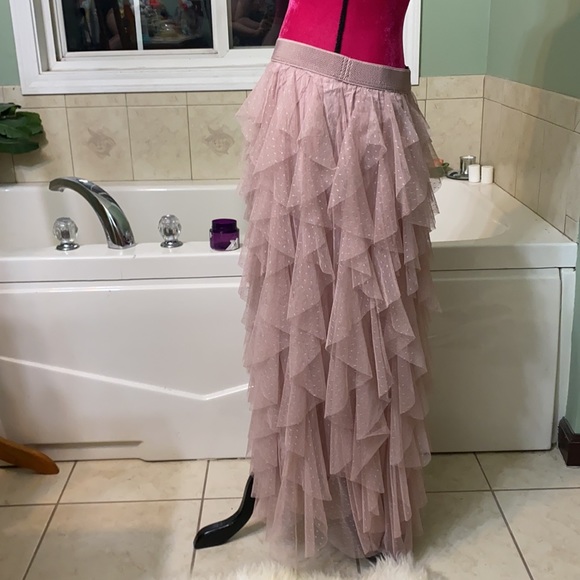 Anthropologie Tulle Ruffle MIDI Skirt Rose pink aromatic Boho Size Large - Picture 8 of 9